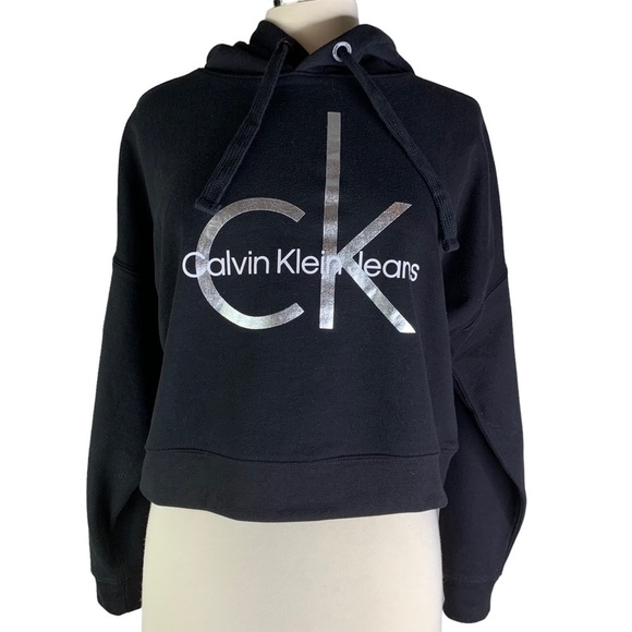 Calvin Klein Jeans Silver CK Spell Out Logo Black Hooded Factory Crop Sweatshirt - Picture 1 of 8